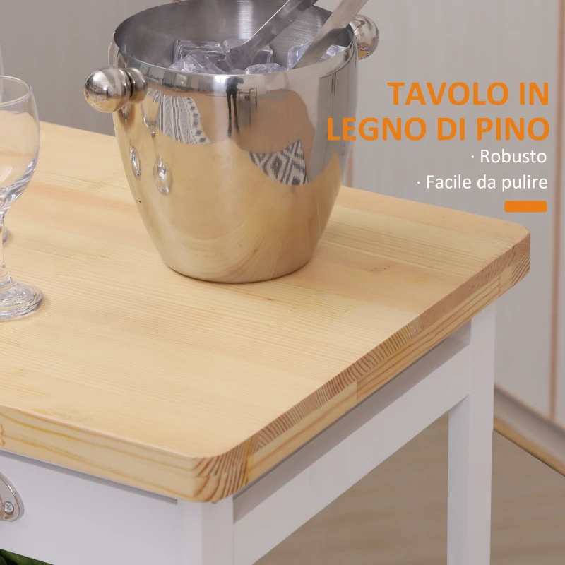 HOMCOM Carrello da Cucina Multiuso con 2 Cassetti, 2 Ripiani e 2 Cesti, in Legno di Pino, 74x37x76 cm, Bianco