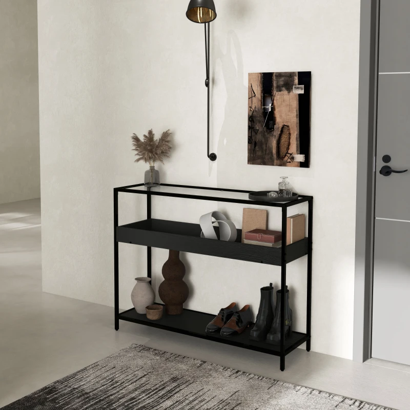 HOMCOM Konsolentisch mit 2 Regalen, Flurtisch, Flurkonsole, Schwarz