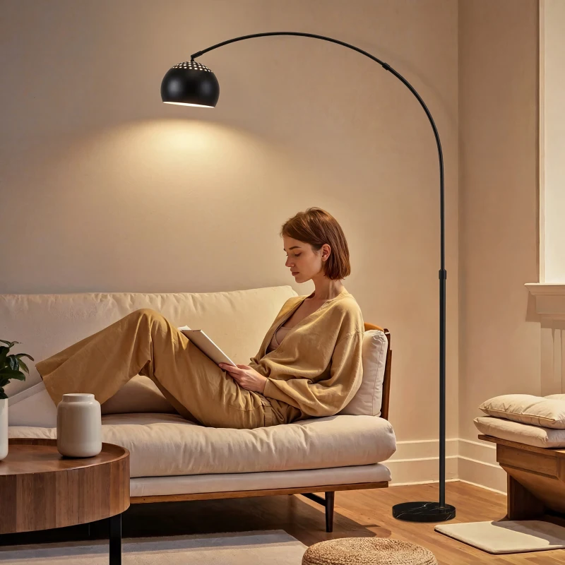 HOMCOM Arc Floor Lamp for Living Room, Modern Adjustable Standing Lamp with Faux Black Marble Base Black