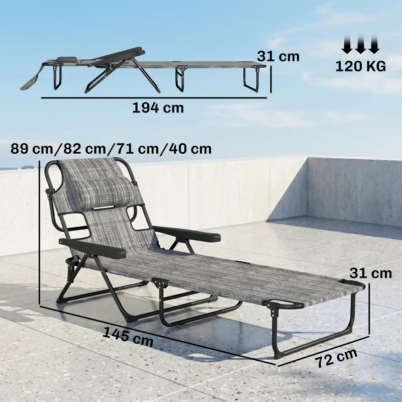 Outsunny Espreguiçadeira de Jardim Dobrável com Encosto Ajustável em 4 Níveis, Orifício de Leitura e Apoio para Cabeça 145x72x89 cm Cinzento