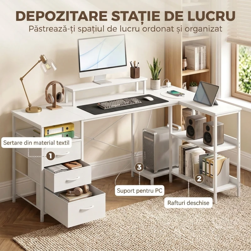 HOMCOM Birou Colțar a L Con Prize, Bianca