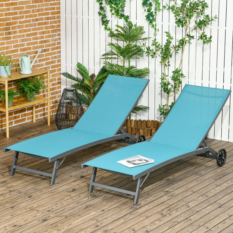 Outsunny Juego de 2 Tumbonas Reclinables de Jardín de Aluminio con Respaldo Ajustable y Ruedas 165x66x102 cm Azul y Gris