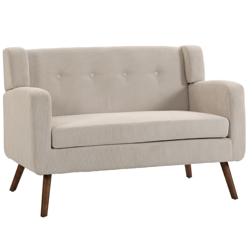 HOMCOM Canapea 2 locuri 118 cm cu aspect corduroy, capitonaj cu nasturi, canapea tapițată modernă și confortabilă cu picioare din lemn pentru spații mici