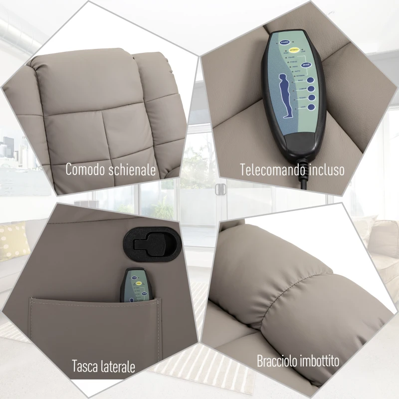 HOMCOM Poltrona Relax con 8 Punti Massaggio e Reclinazione a 165° in Finta Pelle, Grigio