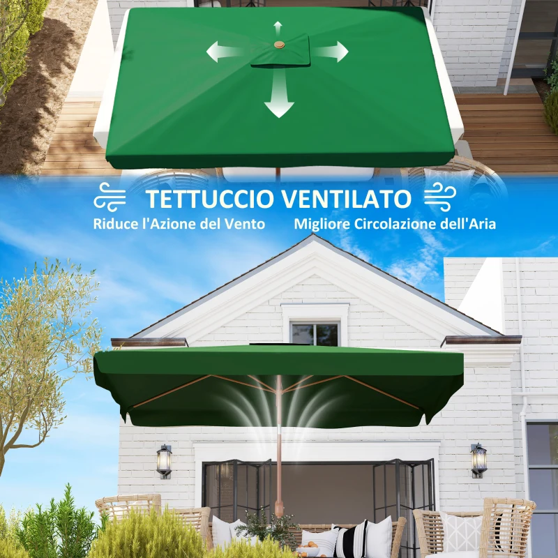 Outsunny Ombrellone da Giardino 2x3 m con Apertura a Manovella, Inclinabile e Anti UV 50+, Verde