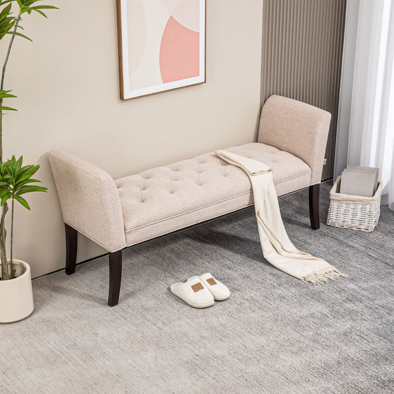 HOMCOM Bancă pentru Capătul Patului Tapițată cu Țesătură cu Aspect de In și Lemn, 141x44x65 cm, Bej(m-6)