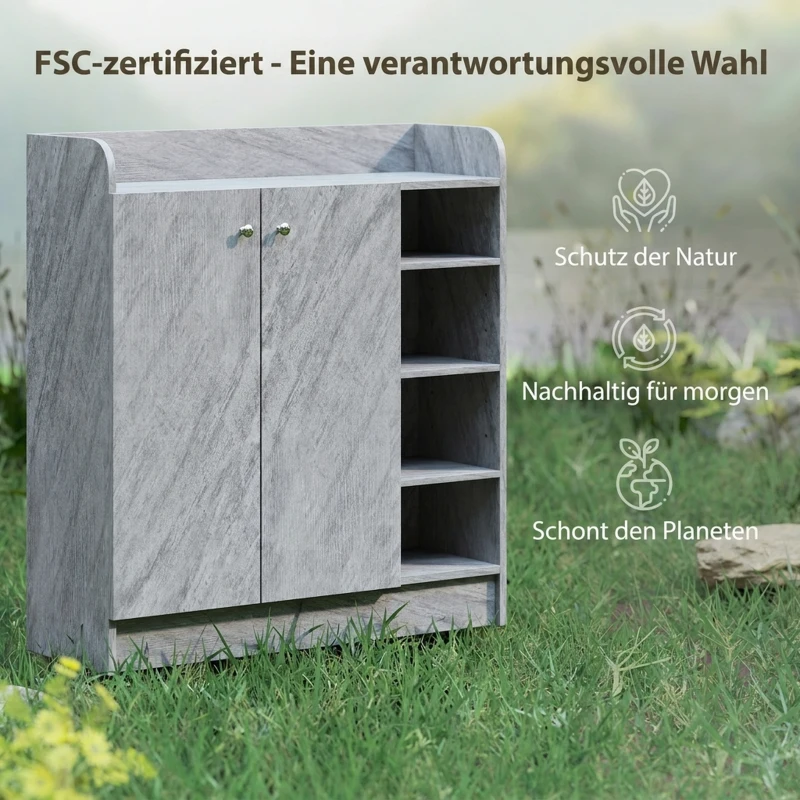 HOMCOM Schuhschrank, Platz für 12 Paar Schuhe, 2 Türen und 4 offene Fächer, für Flur oder Eingangsbereich, Grau