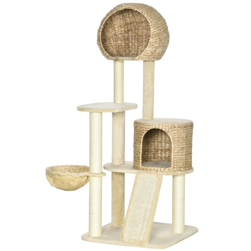 PawHut Arbre à chats griffoir sisal naturel 2 niches plateforme hamac peluche jacinthe d'eau - 60 x 60 x 150 cm beige