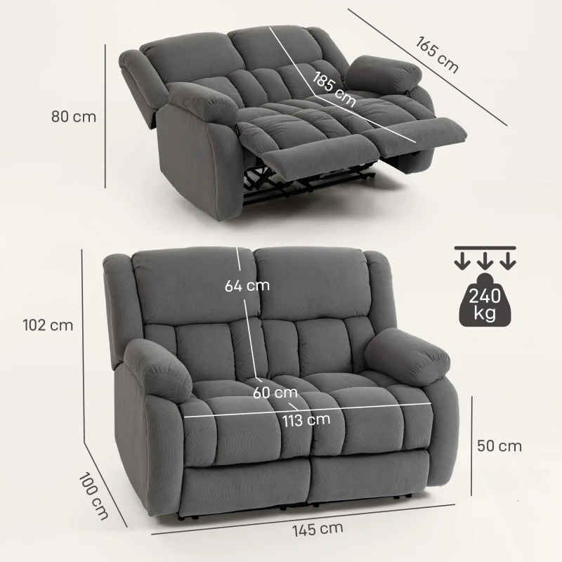 HOMCOM Sofá Reclinável Manual de 2 Lugares Ajuste Separado Revestimento em Veludo Apoio para os Pés Ajustável 145x100x102 cm Cinzento