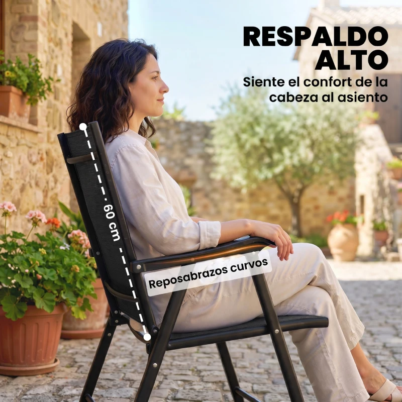 Outsunny Conjunto de 4 Sillas de Jardín Exterior Plegables con Respaldo Alto y Reposabrazos para Terraza Playa 58x62x97 cm Negro