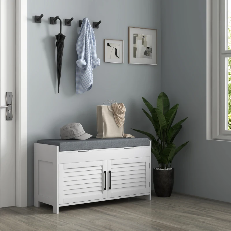 HOMCOM Bancă pentru pantofi cu raft interior reglabil pe 3 niveluri, din MDF și material textil cu aspect de in, 90x36x50 cm, alb și gri