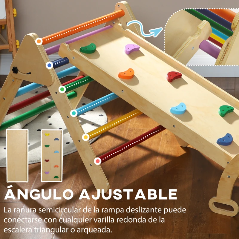 AIYAPLAY Triángulo de Escalada de Madera 5 en 1 con Rampa Escalador de Arco 178x64,5x63 cm Multicolor