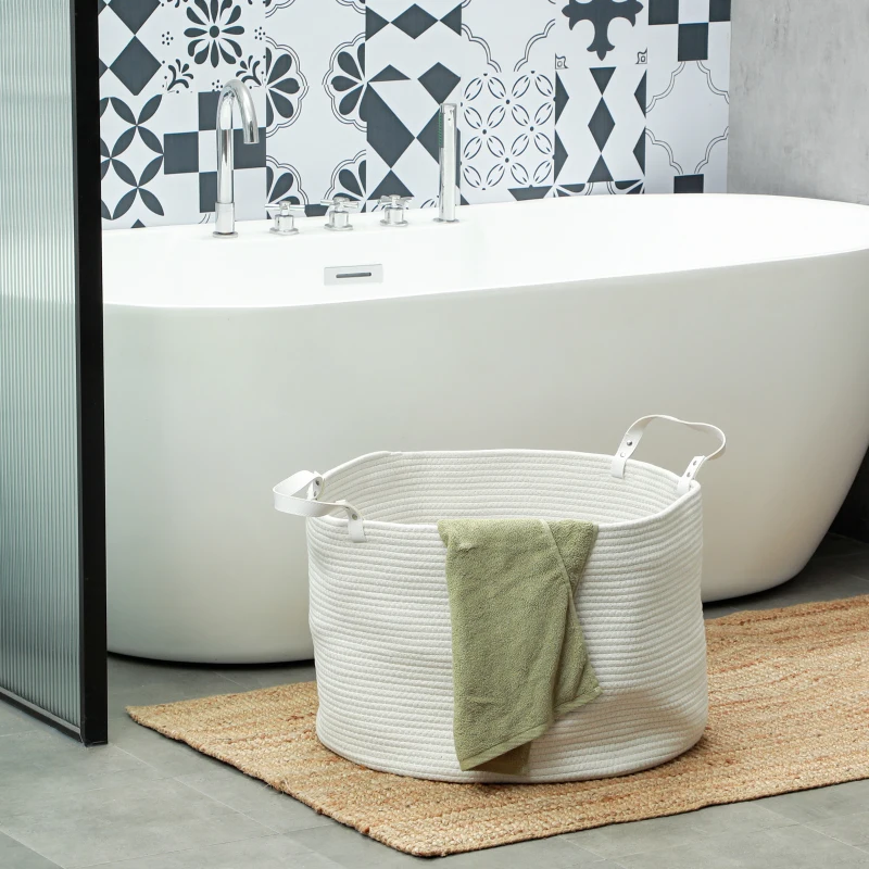 HOMCOM Cesto Portabiancheria da 88L Portatile e Pieghevole con Manici in Cotone Naturale, Ø56x35.5 cm, Crema