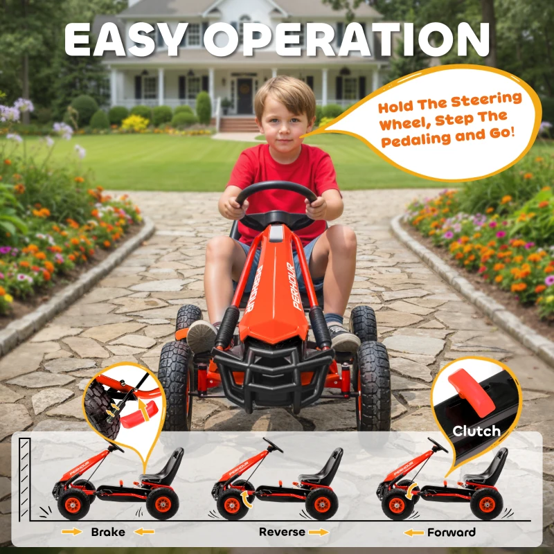 AIYAPLAY Kids Pedal Go Kart with Adjustable Seat, EVA Tyres, Manual Clutch, Brake, Go Kart for Kids 3-8 Years, Red