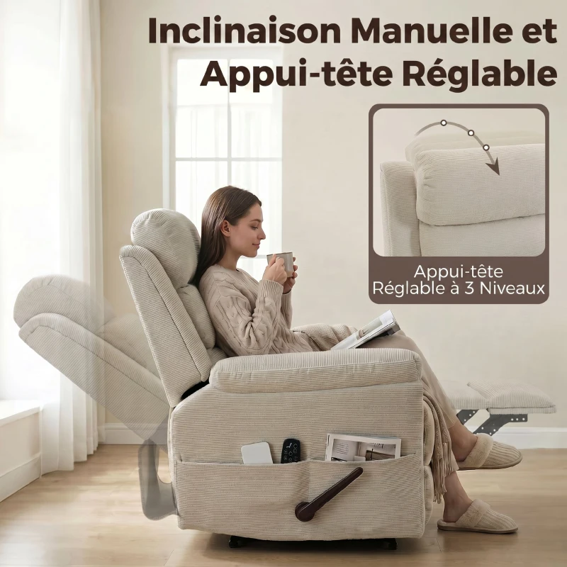HOMCOM Fauteuil Inclinable de Massage et Chauffage, Fauteuil de Relaxation, Appuie-tête Réglable Poches Latérales, Crème