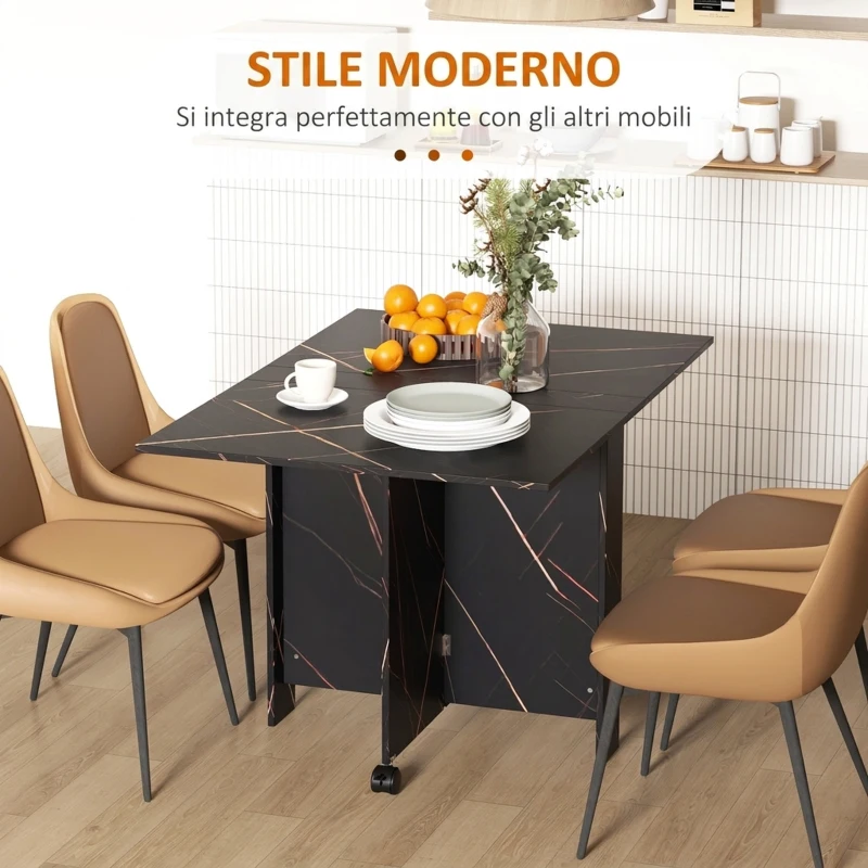 HOMCOM Tavolo da Pranzo Pieghevole per 2-6 Persone, 120x80x73 cm con Ruote, Salvaspazio per Soggiorno Sala da Pranzo, Nero Effetto Marmo