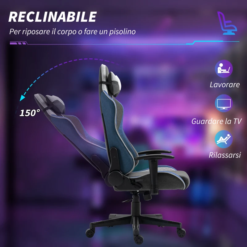 Vinsetto Sedia da Gaming Reclinabile a 150° con Funzione Dondolo, in Tessuto Effetto Lino, 66x53x128-138 cm, Grigio