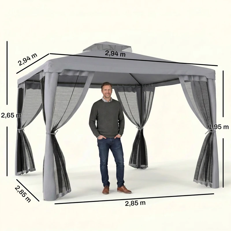 Outsunny Tonnelle de jardin pavillon de jardin 3 x 3 m double toit avec moustiquaires amovibles gris clair