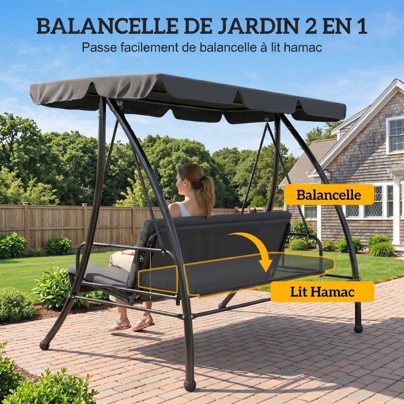 Outsunny Balancelle de Jardin Convertible 3 Places Inclinaison Toit réglable Matelas fourni 2L x 1,25l x 1,7H m métal