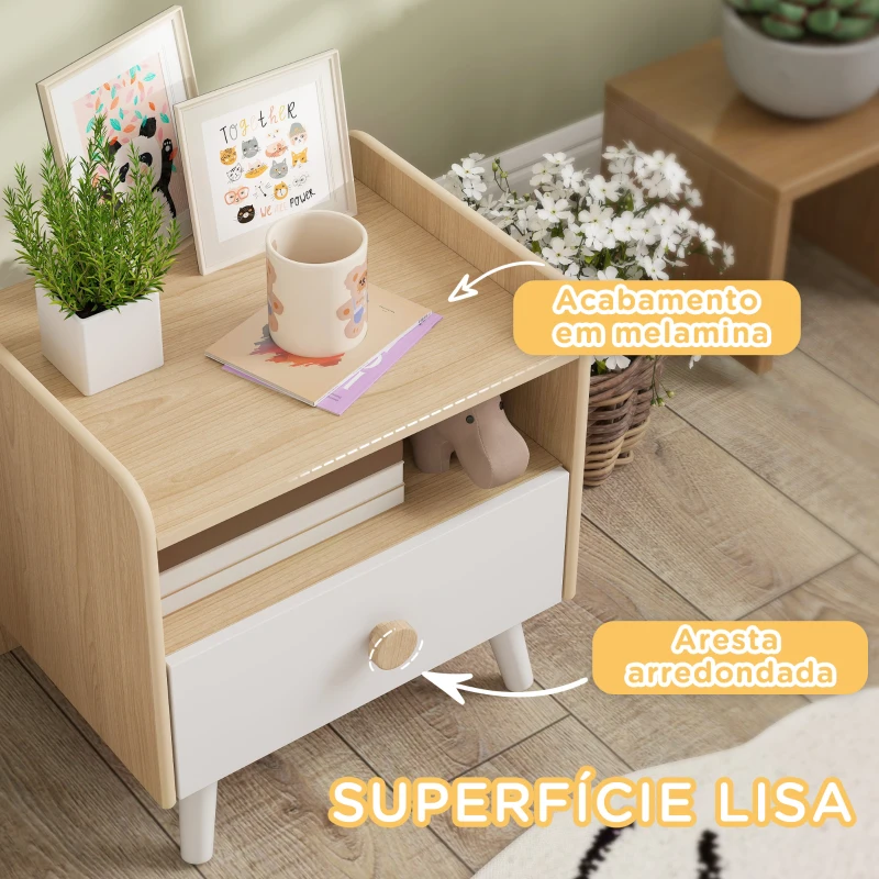 AIYAPLAY Mesa de Cabeceira Infantil de Madeira Mesa de Cabeceira para Crianças com Gaveta Bordas Redondas 40x32,5x40 cm Branco e Madeira
