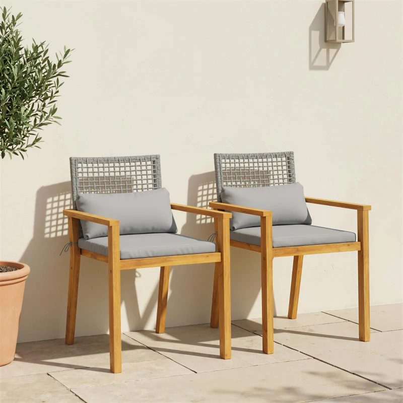 Outsunny Set 2 Sedie da Giardino Impilabili in Legno di Acacia con Cuscini, 59x55x86 cm, Grigio e color Legno