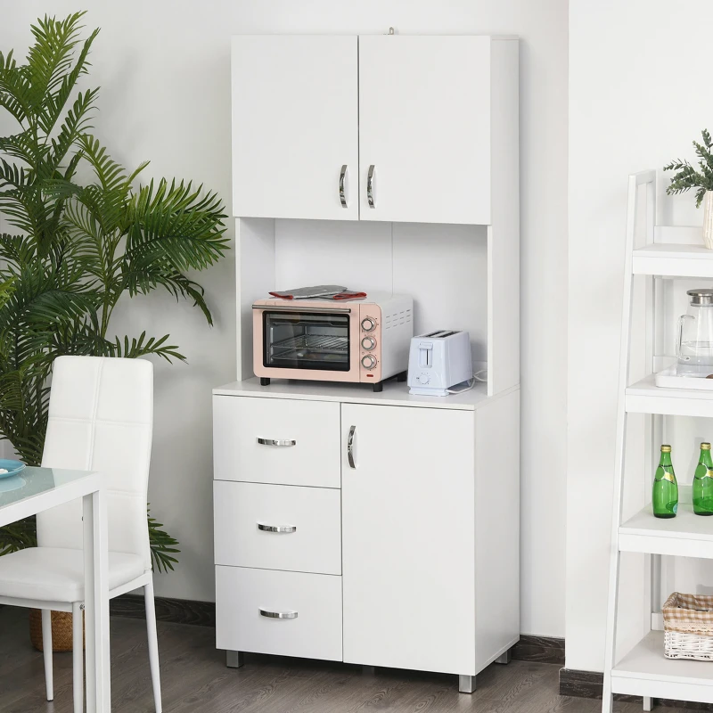 HOMCOM Credenza da Cucina e Soggiorno, Credenza Moderna in Legno Bianco, 2 Armadietti, Mensole Regolabili, 1 Ripiano Aperto e 3 Cassetti, 80x39.5x183.5cm