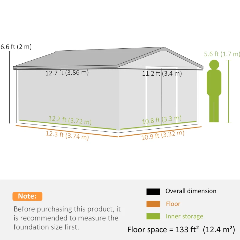 Outsunny 13 x 11ft Metal Garden Shed, Waterproof Outdoor Bike Storage Shed Galvanised with Vents, Foundation Kit, Apex Roof and Lockable Double Doors for Patio Lawn, Light Brown