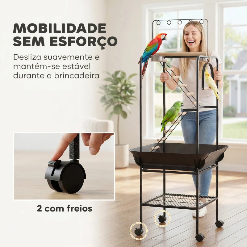 PawHut Parque de Jogos para Pássaros com Rodas Escadas Baloiço Protetor de Sementes Bandeja Comedouros Poleiros 63x63x163 cm