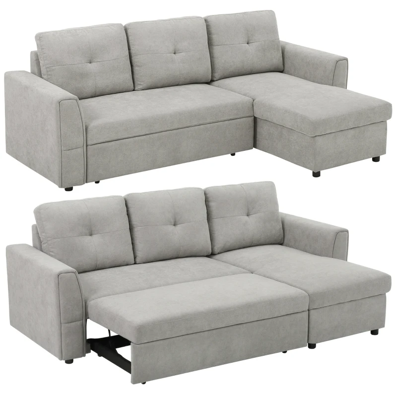 HOMCOM 3-Sitzer-Sofa mit Bettfunktion, Schlafsofa mit Chaiselongue, Polstersofa, Grau(m-12)