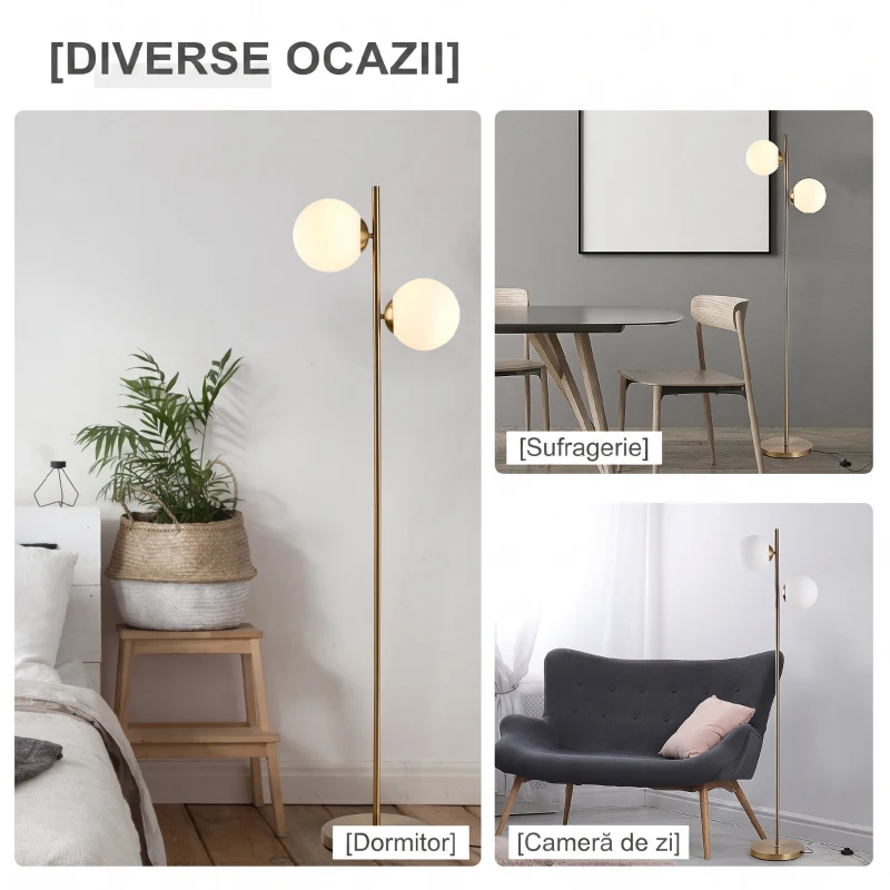 HOMCOM Lampă de Podea cu 2 Lumini și Abajururi Sferice, Comutator de Picior și Soclu E27, Ø28x165 cm, Aur