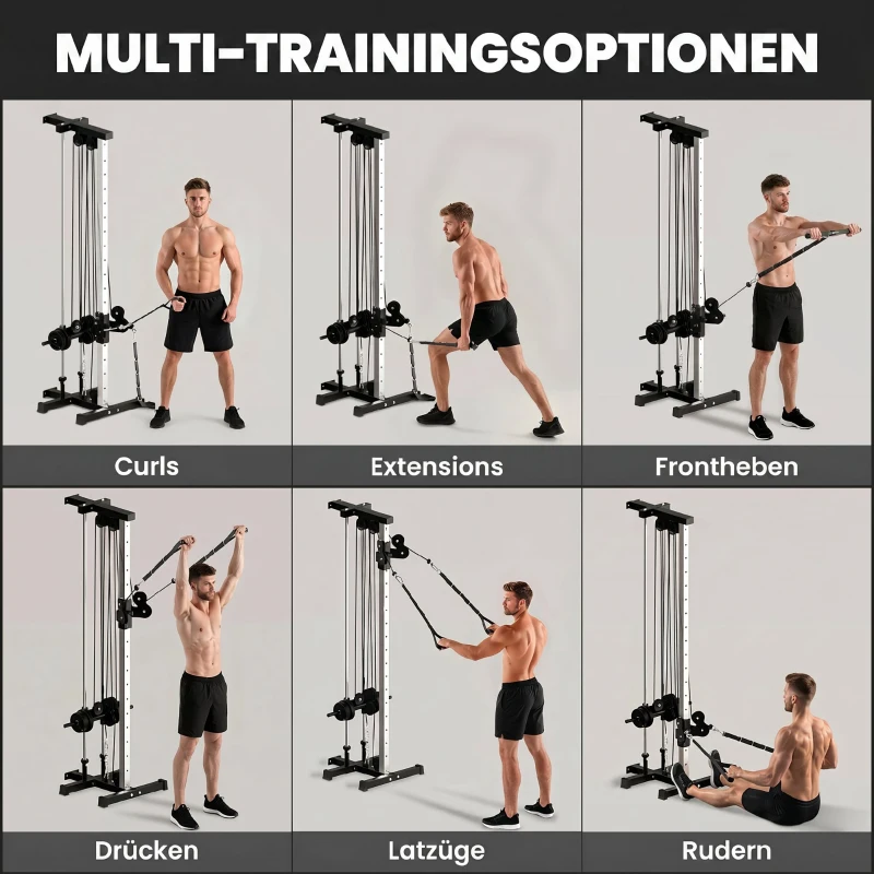 SPORTNOW Kraftstation höhenverstellbar 25-165 cm mit Dual-Pulley-Systemen Adaptern 62 x 60 x 200 cm Schwarz
