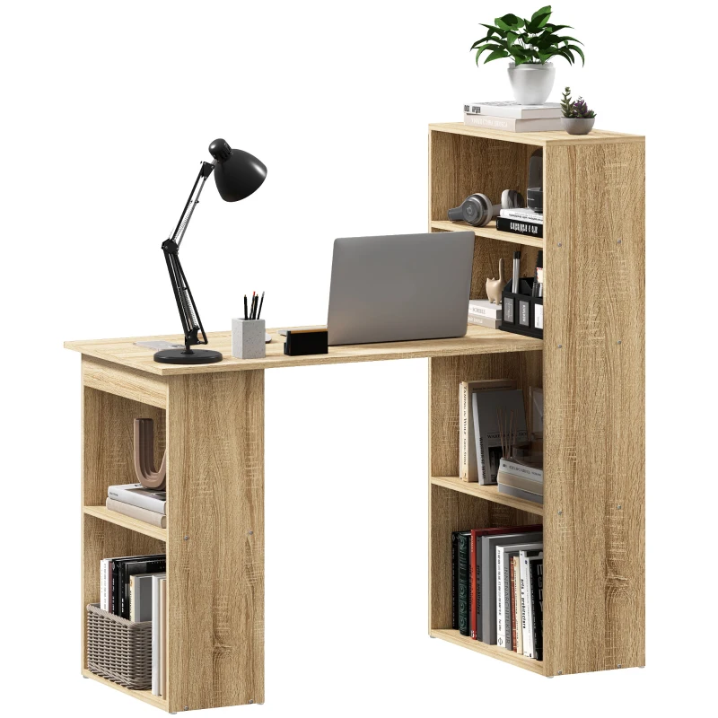 HOMCOM Bureau Informatique avec étagère de rangement Bureau d'angle bibliothèque adjacente Multi-rangements Chêne