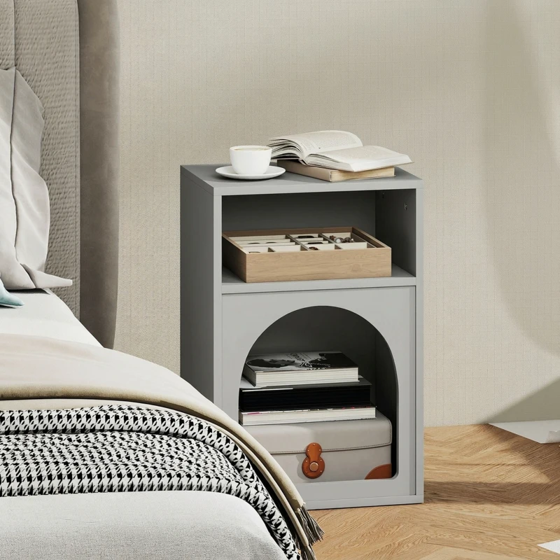 HOMCOM Table de chevet, table de nuit avec compartiments ouverts, design arqué, 40 x 30 x 60 cm, gris