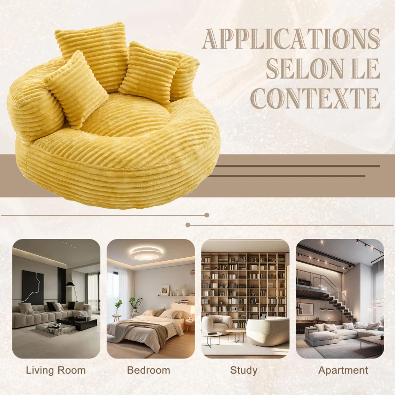 Plush Oversized Bean Bag Chair with High Back & 3 Pillows, Cozy Corduroy Floor Lounger Sofa for Living Room, 108L x 108W x 52H cm, Mustard Yellow
