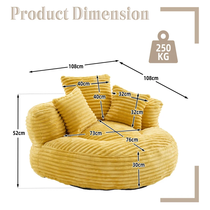 Plush Oversized Bean Bag Chair with High Back & 3 Pillows, Cozy Corduroy Floor Lounger Sofa for Living Room, 108L x 108W x 52H cm, Mustard Yellow