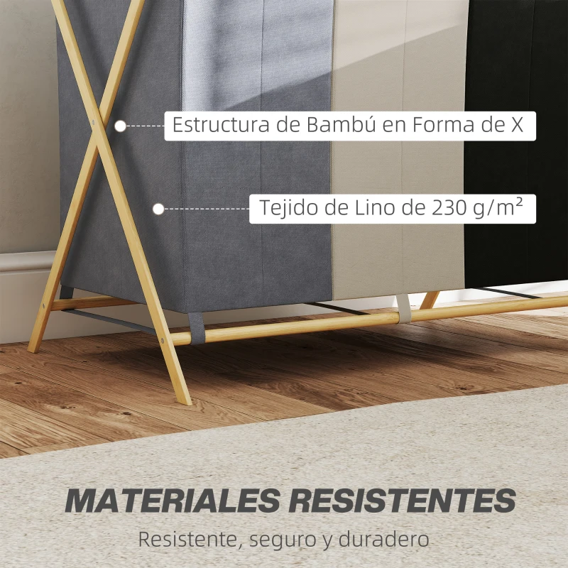 HOMCOM Cesto para Ropa Sucia Plegable con 3 Compartimentos Capacidad 129L con Marco de Bambú y Bolsas Extraíbles Multicolor