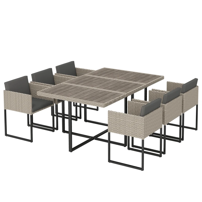 Outsunny 7 Piece Rattan Garden Furniture Set, Garden Dining Set with Wood-Plastic Table and 6 Stackable Chairs, Light Grey