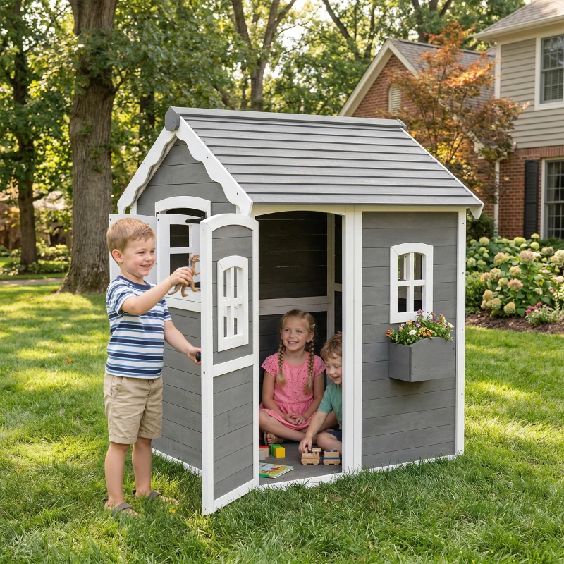 Outsunny Casetta per Bambini 3-8 Anni con 6 Finestre e Fioriera, in Legno di Abete, 104.5x110x137 cm, Grigia