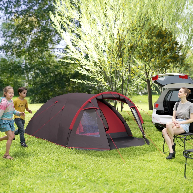 Outsunny Tenda da Campeggio da 2-4 Persone con Stanze Separate, Impermeabile con Doppie Porte, Grigio
