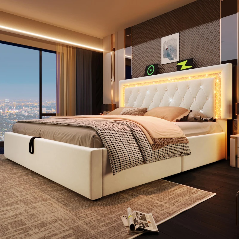 Smart Double Bed with Height-Adjustable Headboard, Stylish Bed Frame for Contemporary Bedrooms, 204L x 145W x 108H cm, Beige