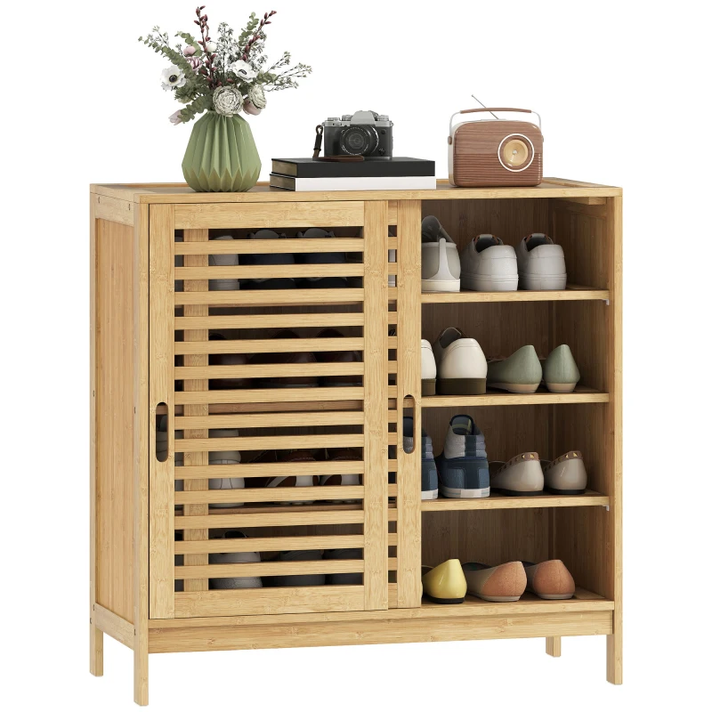HOMCOM Meuble à chaussures en bambou 16 paires, armoire à chaussures, 2 portes coulissantes, étagères réglables, bois naturel