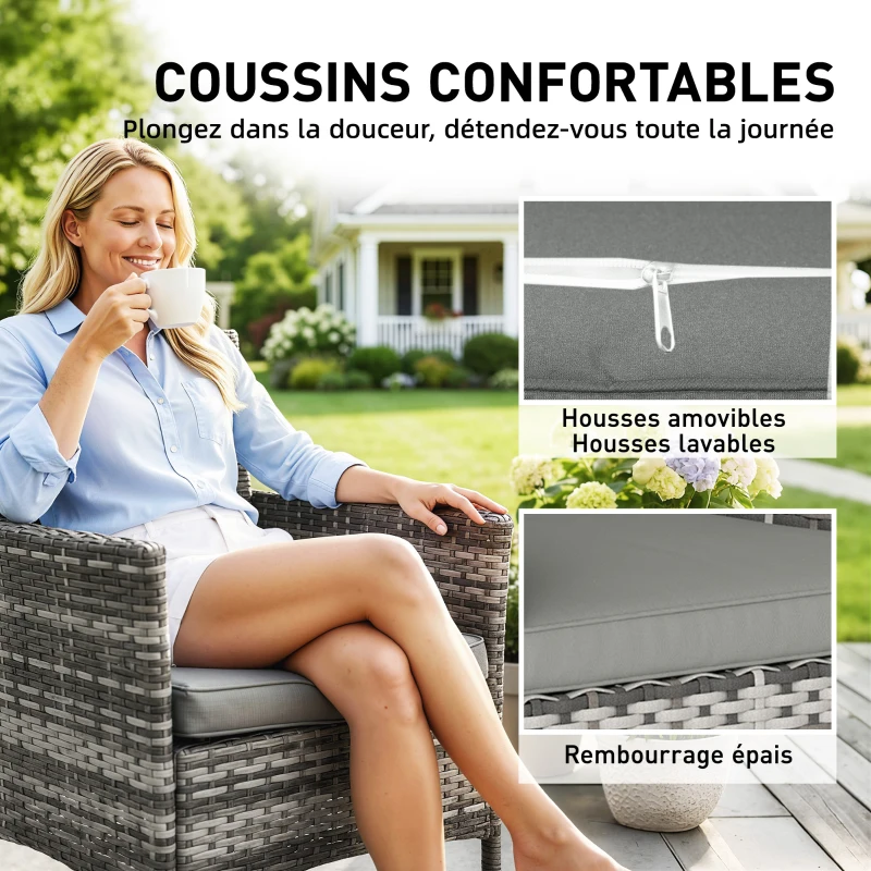 Outsunny Lot de 2 fauteuils de jardin en résine tressée, chaises de jardin extérieures avec coussins et dossier haut, gris