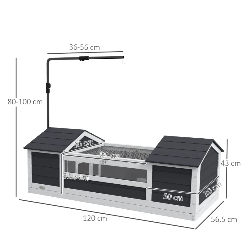 PawHut Maison tortue terrestre extérieure enclos tortue 2 niches support de lampe réglable bois massif 120 x 56,5 x 43 cm gris