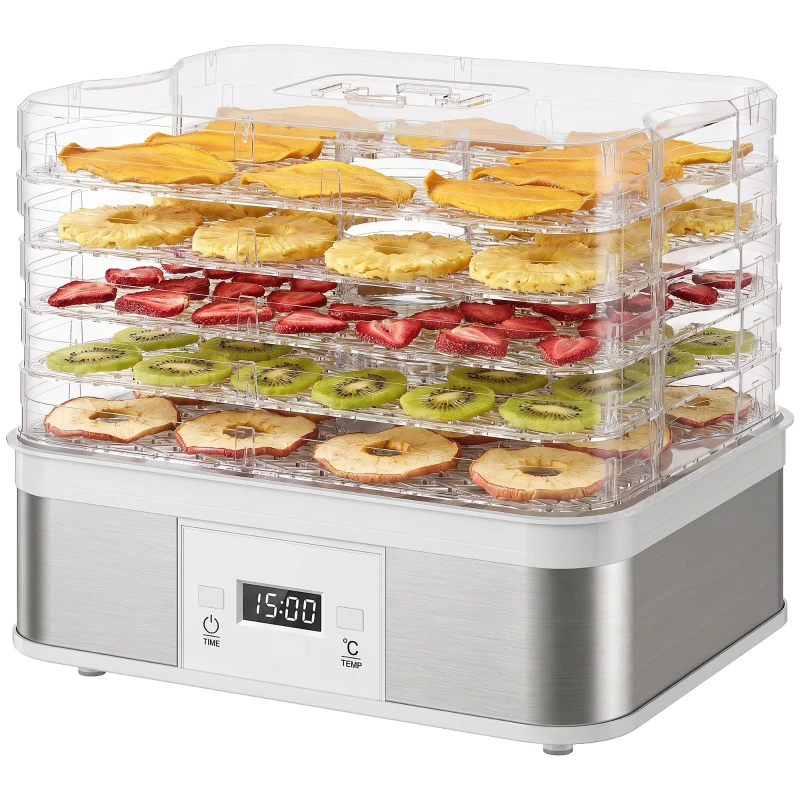 HOMCOM 5 Tier Food Dehydrator, 245W Stainless Steel Food Dryer Machine with Adjustable Temperature, Timer and LCD Display for Drying Fruit, Meat, Vegetable, Jerky and Pet Treat, White