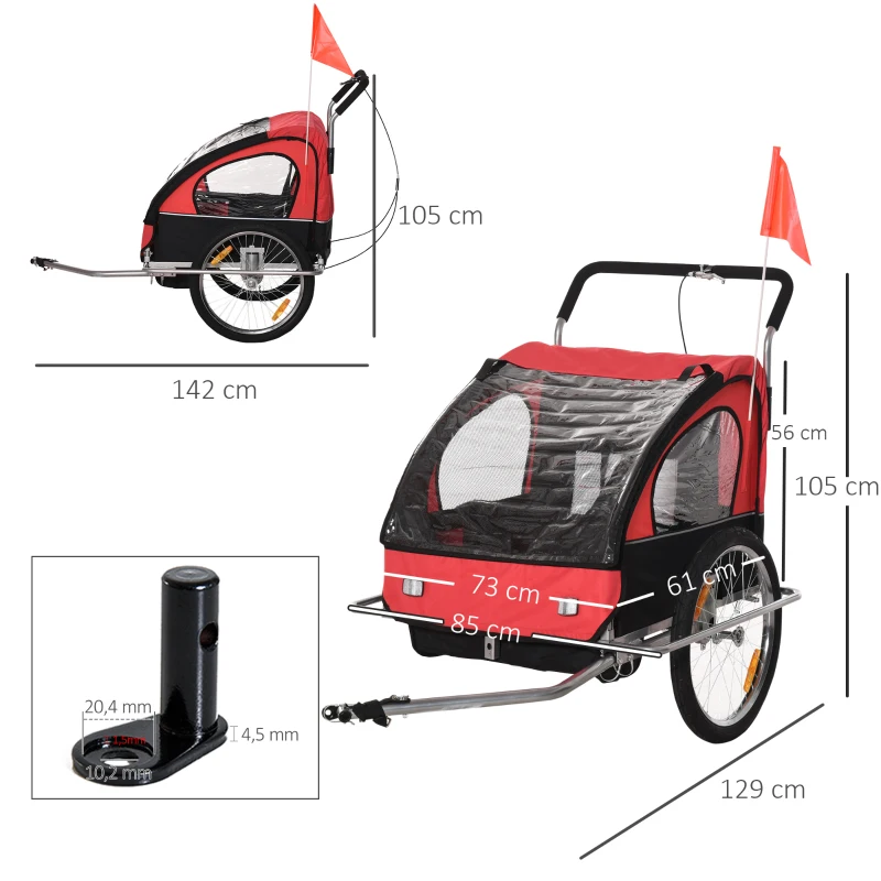 HOMCOM Remolque de Bicicleta para Niños de 2 Plazas con Amortiguadores para Correr con Barra y Kit de Footing 142x85x105cm Rojo