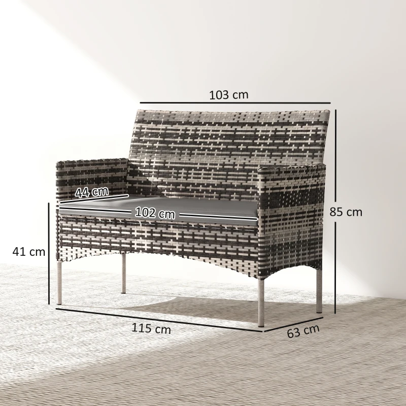 Outsunny 2-Sitzer Rattan Gartensofa PE-Rattan Outdoor-Terrassen-Sofa mit Polster, Anti-Rutsch-Matten, Stahlrahmen, Hellgrau