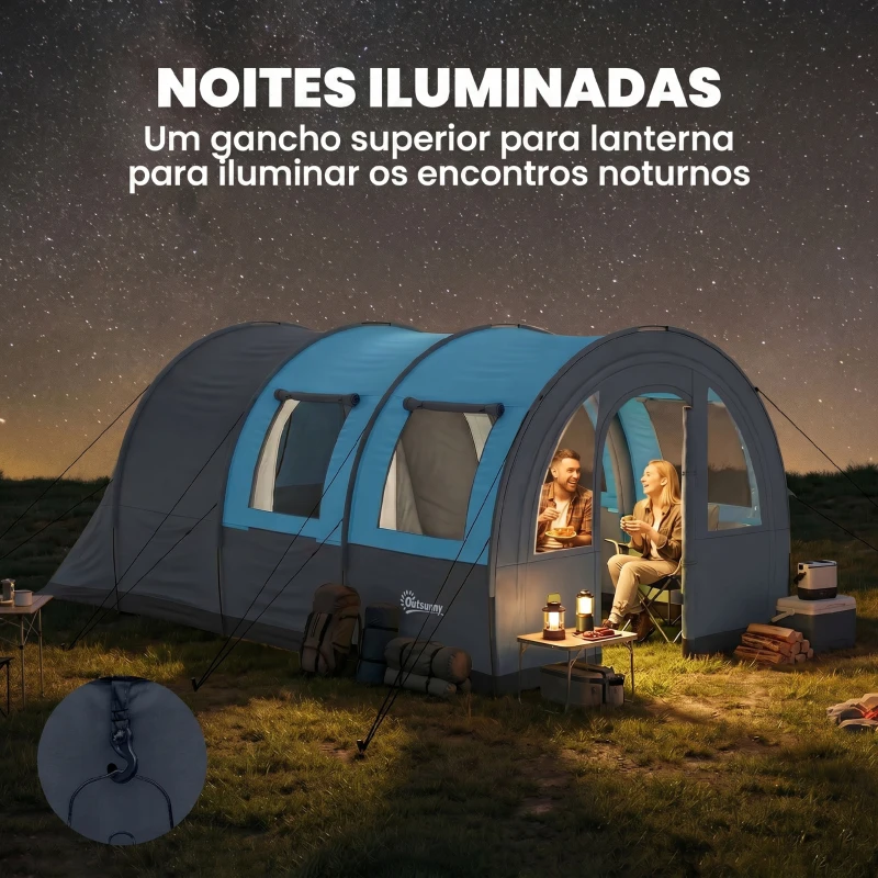 Outsunny Tenda de Campismo Familiar para 3 Pessoas com 2 Quartos Portas Impermeável 3000 mm para Trekking 480x260x200 cm Cinza