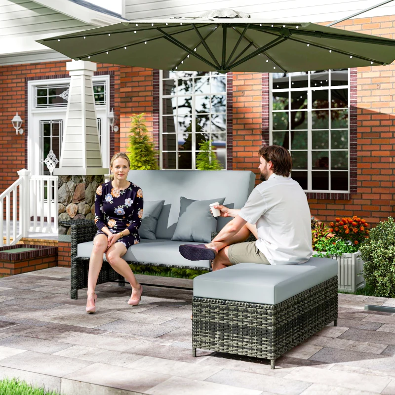 Outsunny Gartensofa mit Liegefunktion, ausfahrbare Fußbank mit Stauraum, Sitzkissen, grau, 130 x 72 x 96 cm