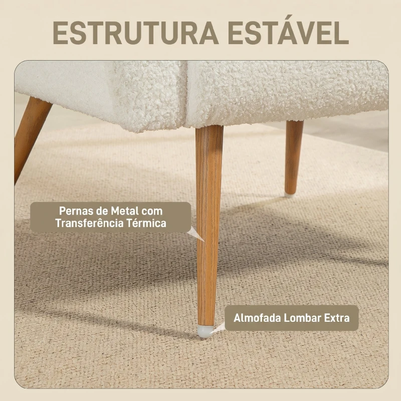 HOMCOM Poltrona em Tecido Teddy com Almofada Lombar Amovível e Pés Metálicos Efeito Madeira para Quarto, Creme