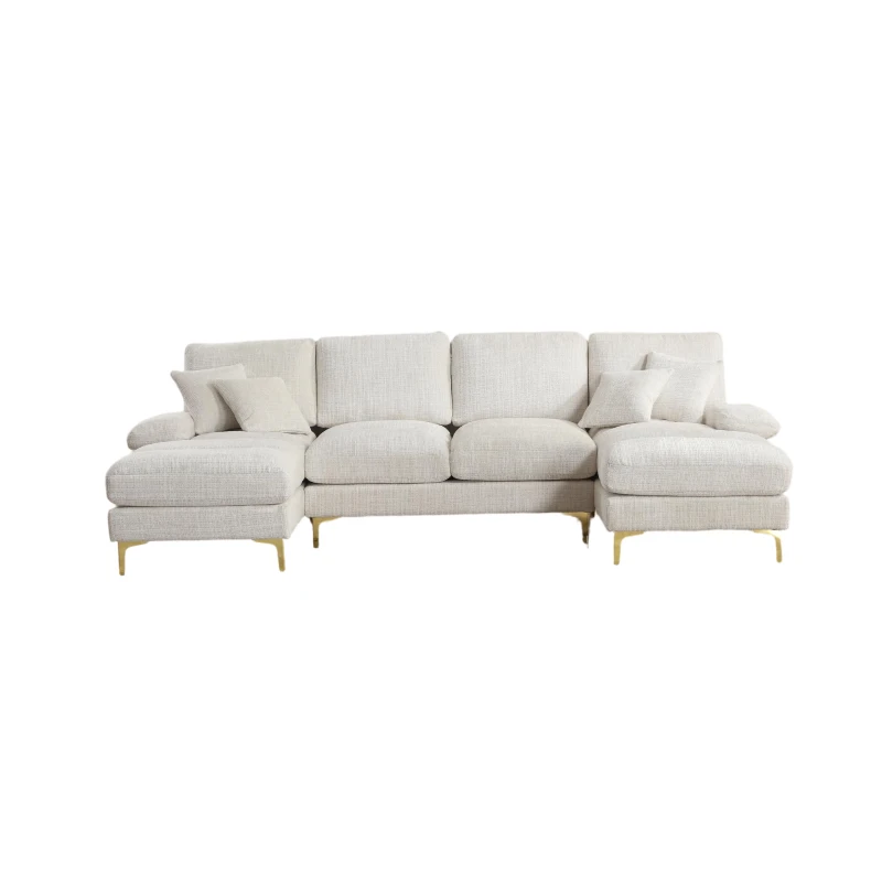Modern U-Shaped Sectional Sofa with Double Chaise Lounge, Soft Chenille Modular Couch for Living Room, 272L x 136W x 88H cm, Beige